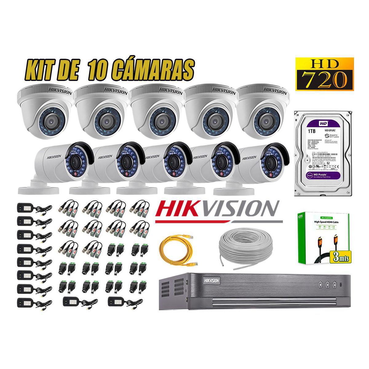 Hikvision - Kit 10 Camara Seguridad Hd 720p Analogico Disco Duro 1tb Completo