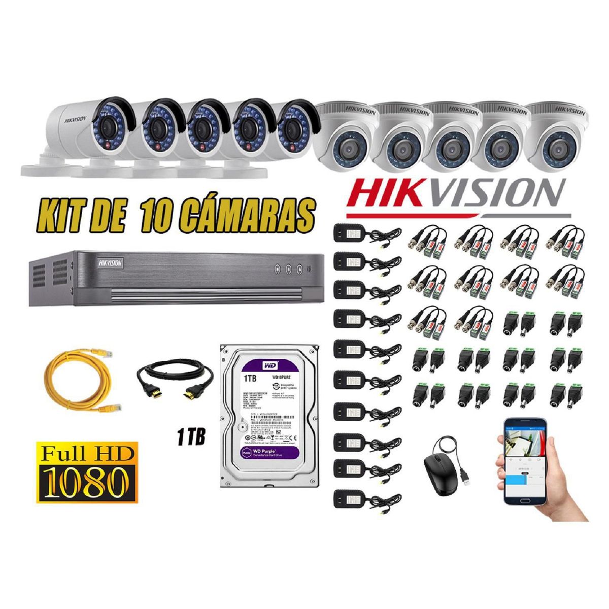 HIKVISION - Kit 10 Cámaras de Seguridad Full HD 1080p Disco 1TB Vigilancia + Kit de Herramientas Gratis