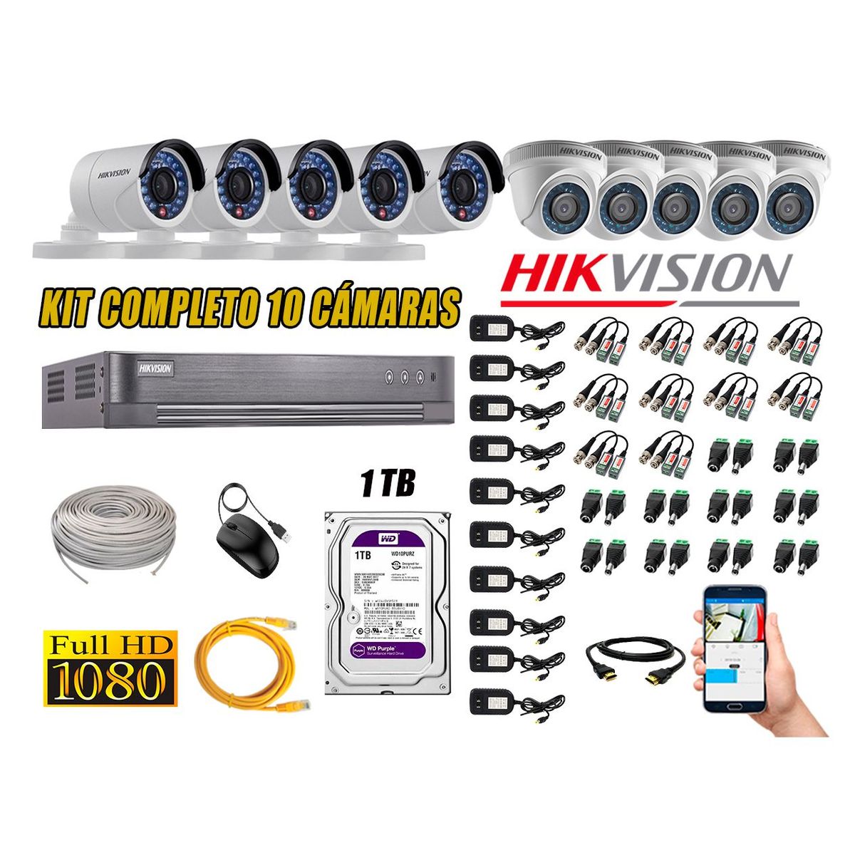 HIKVISION - Kit 10 Cámaras de Seguridad FULL HD 1080p DISCO 1TB Vigilancia + Kit de Herramientas Gratis