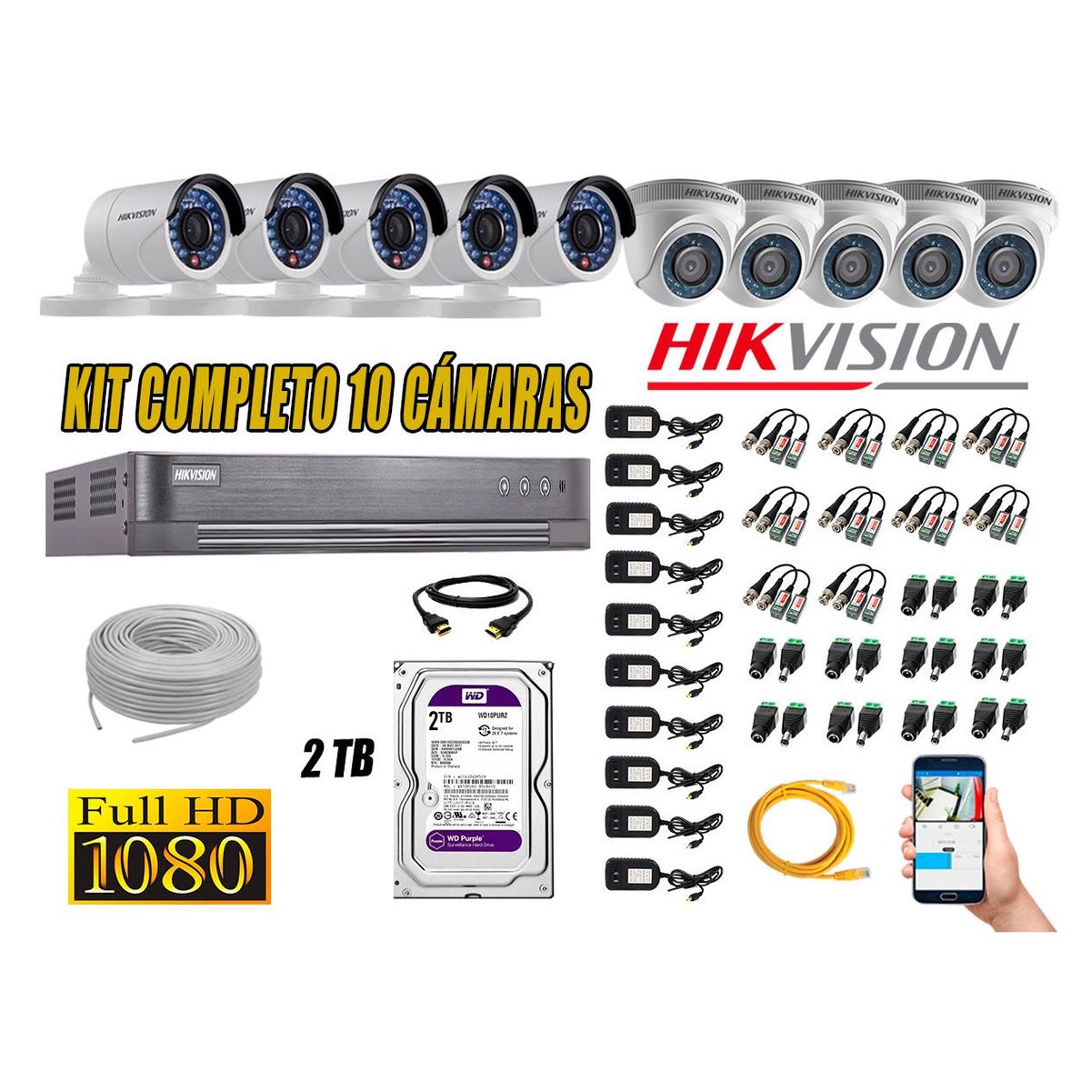 HIKVISION - Kit 10 Cámaras de Seguridad Full HD 1080p Disco 2TB Vigilancia + Kit de Herramientas Gratis