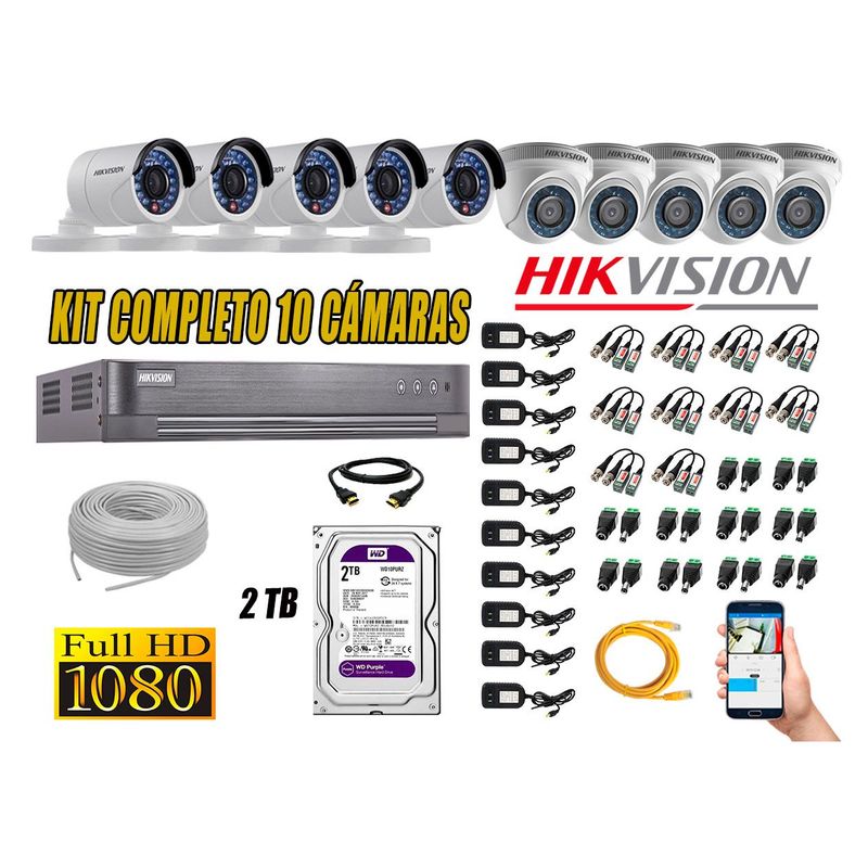 HIKVISION - Kit 10 Cámaras de Seguridad  Full HD 1080p Disco 2TB Vigilancia + Kit de Herramientas Gratis