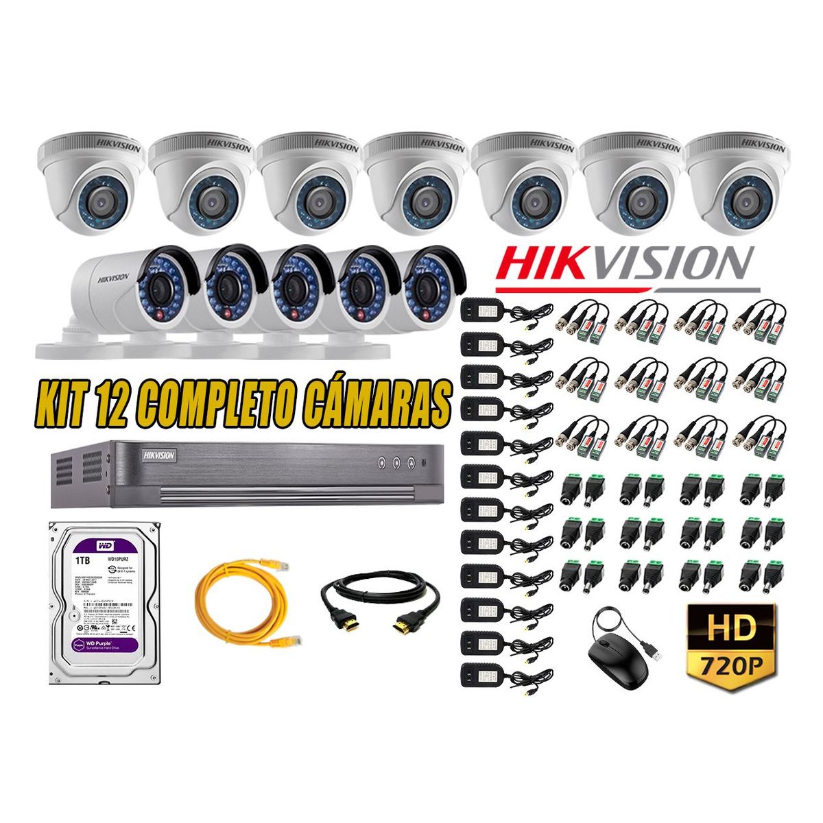 HIKVISION - Kit 12 Cámaras de Seguridad HD 720p Disco 1TB Vigilancia + Kit de Herramientas
