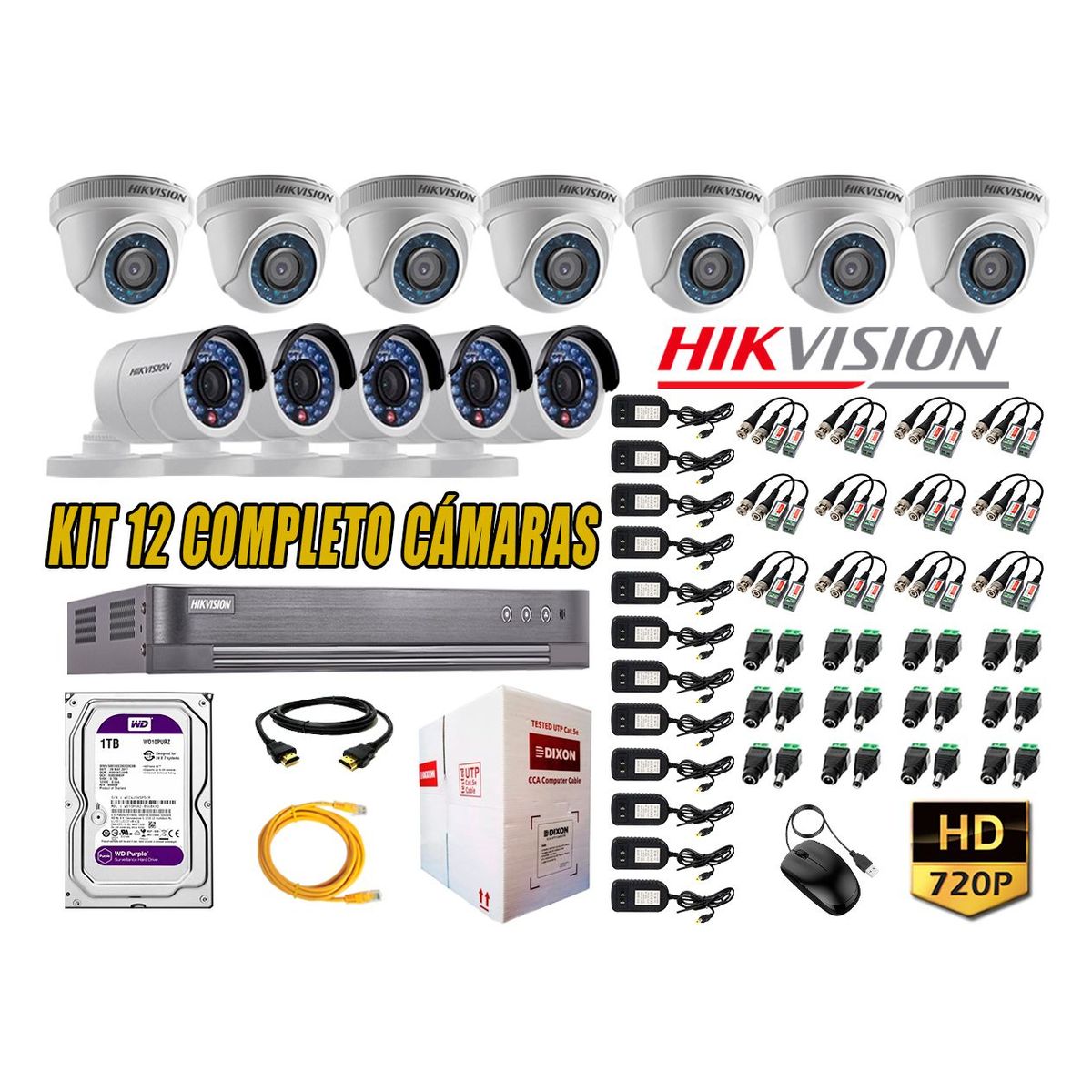 HIKVISION - Kit 12 Cámaras de Seguridad HD 720p Disco 1TB Vigilancia + Kit de Herramientas