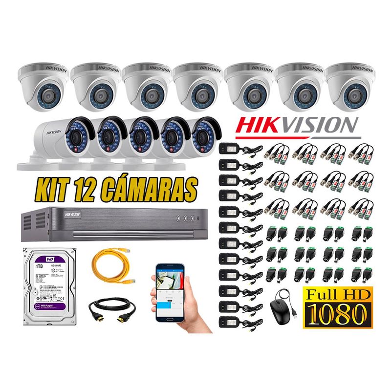 HIKVISION - Kit 12 Cámaras de Seguridad  Full HD 1080p Disco 1TB Vigilancia + Kit de Herramientas Gratis