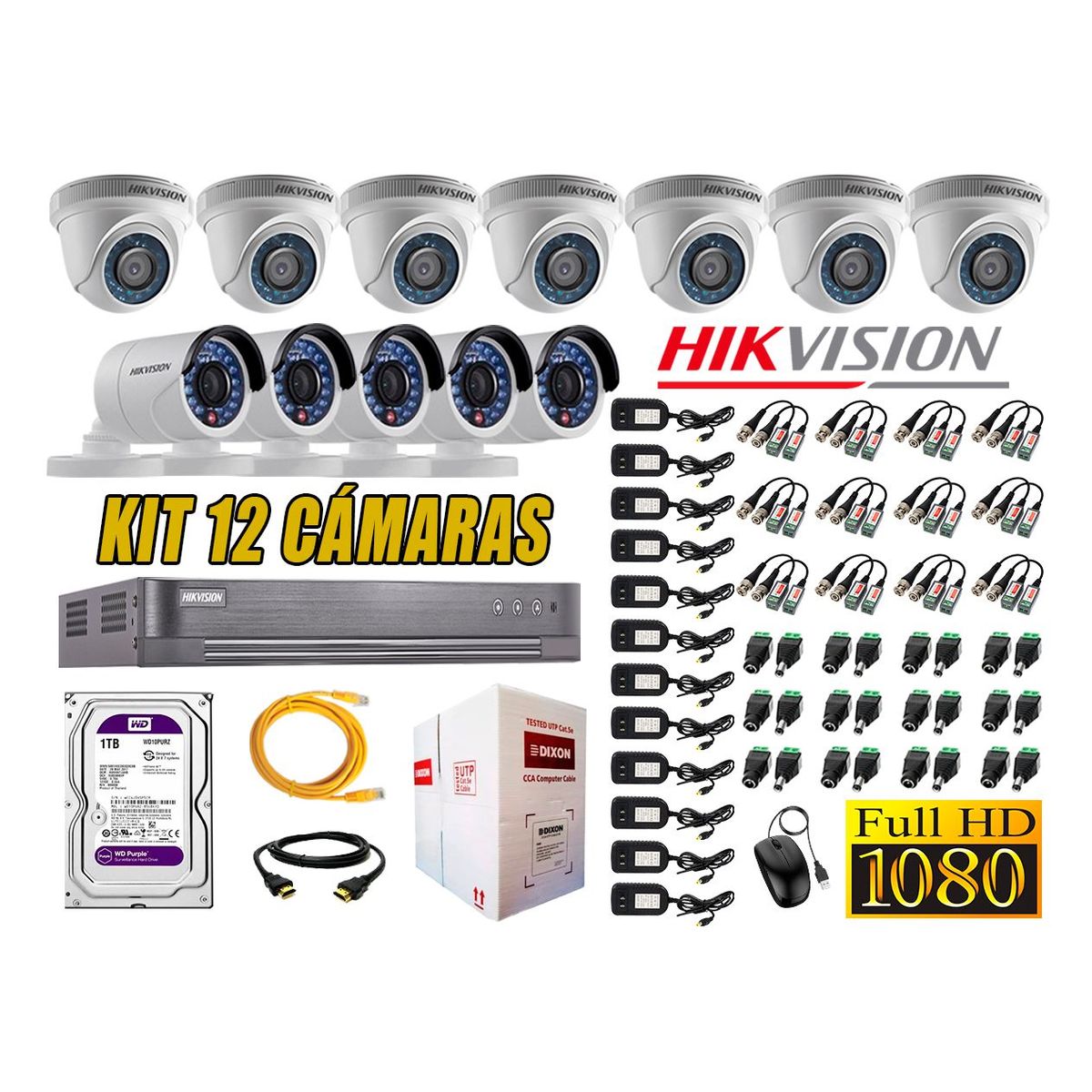 HIKVISION - Kit 12 Cámaras de Seguridad Full HD 1080p Disco 1TB Vigilancia + Kit de Herramientas Gratis