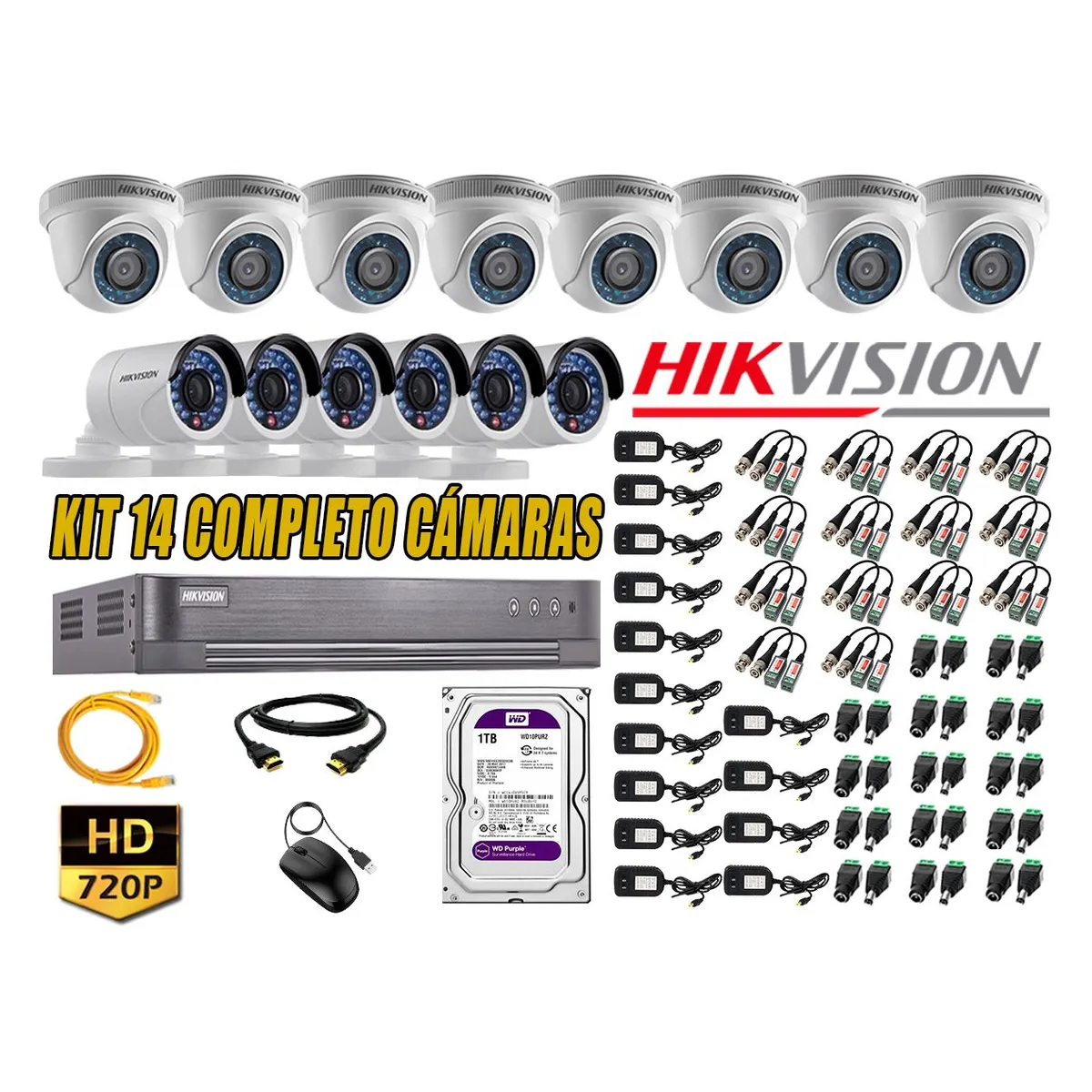 HIKVISION - Kit 14 Cámaras de Seguridad HD 720p Disco 1TB Vigilancia + Kit de Herramientas