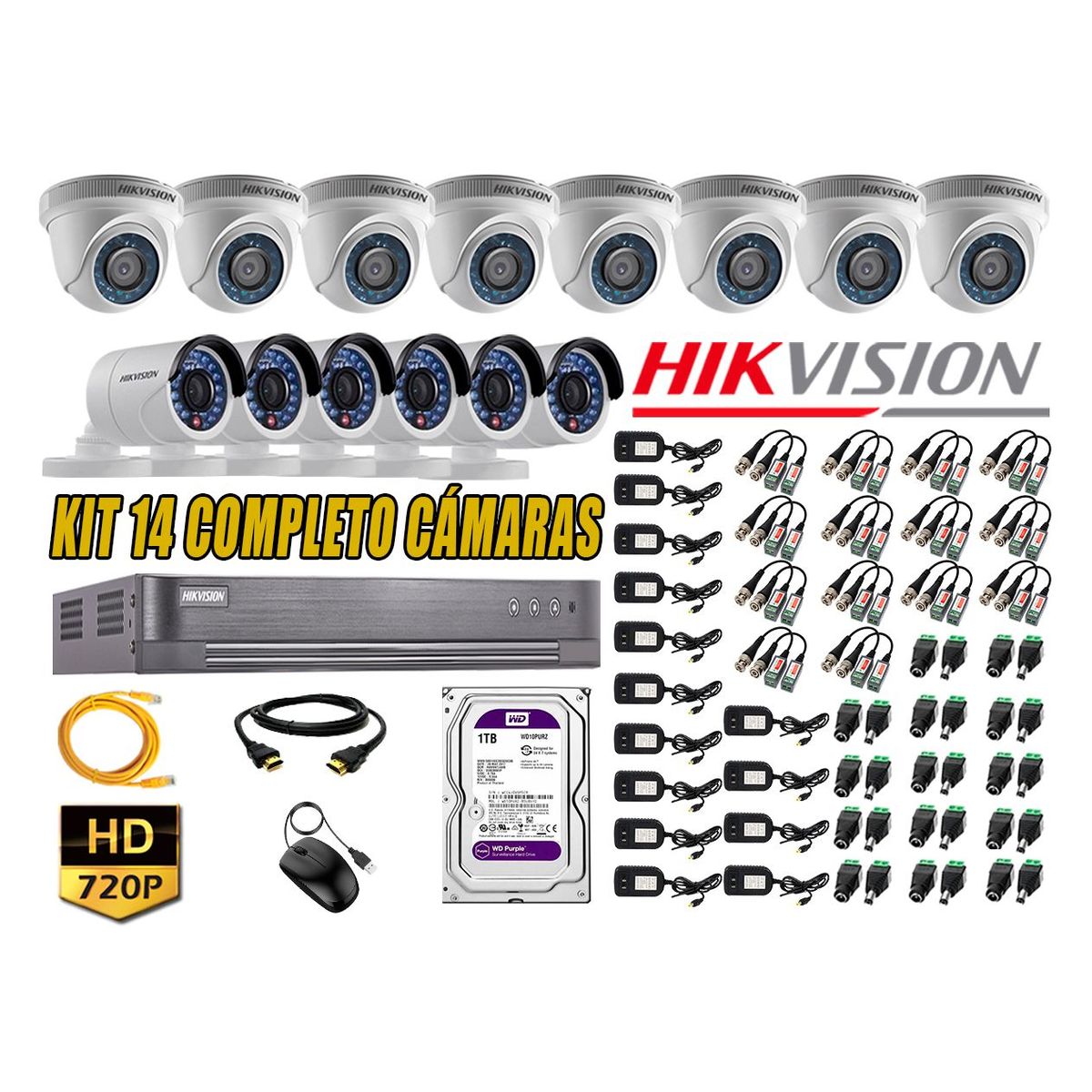 HIKVISION - Kit 14 Cámaras de Seguridad HD 720p Disco 1TB Vigilancia + Kit de Herramientas