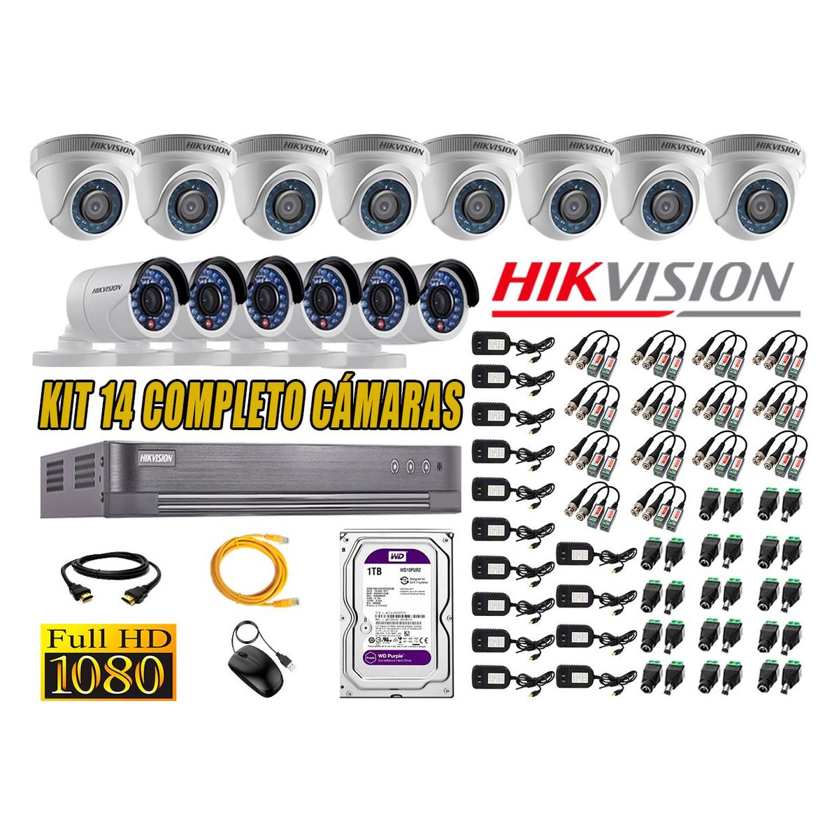 HIKVISION - Kit 14 Cámaras de Seguridad Full HD 1080p Disco 1TB Vigilancia + Kit de Herramientas Gratis