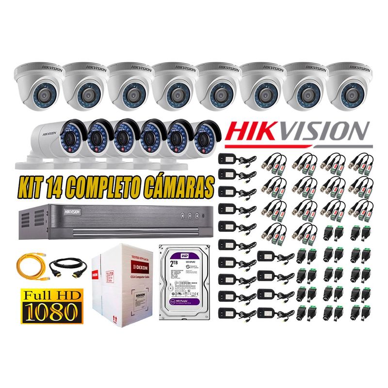 HIKVISION - Kit 14 Cámaras de Seguridad  Full HD 1080p Disco 2TB Vigilancia + Kit de Herramientas Gratis