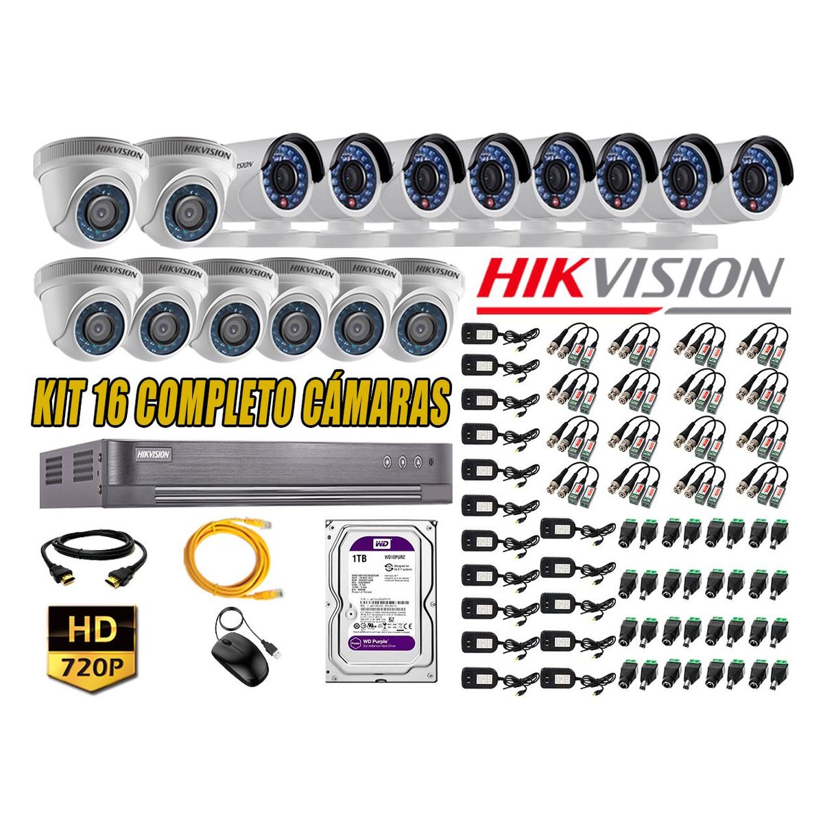 HIKVISION - Kit 16 Cámaras de Seguridad HD 720p Disco 1TB Vigilancia + Kit de Herramientas