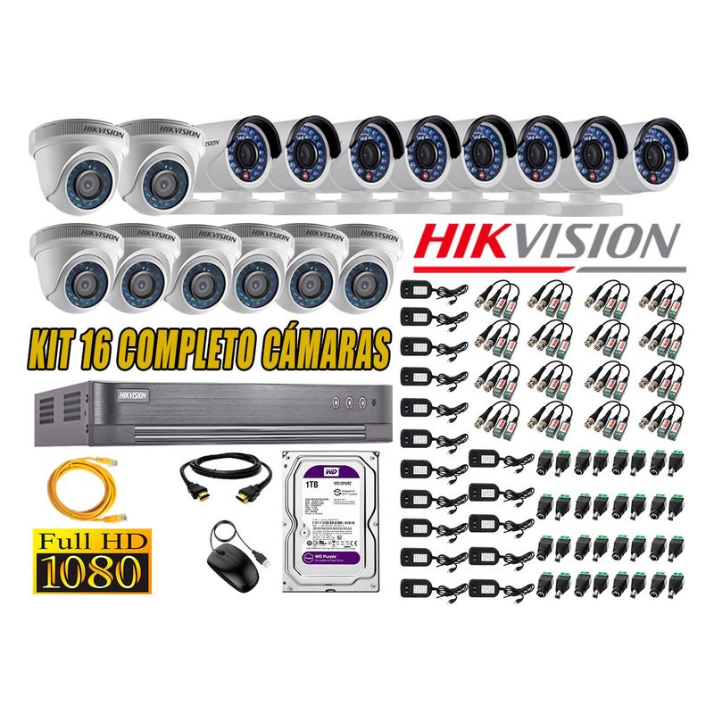 HIKVISION - Kit 16 Cámaras de Seguridad  Full HD 1080p Disco 1TB Vigilancia + Kit de Herramientas Gratis