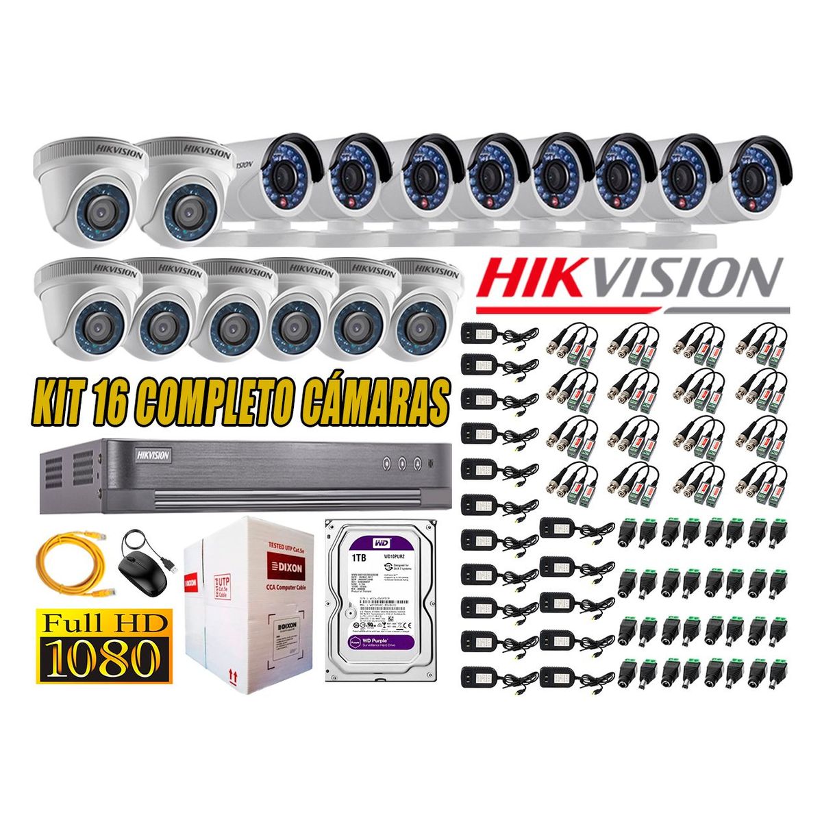 HIKVISION - Kit 16 Cámaras de Seguridad Full HD 1080p Disco 1TB Vigilancia + Kit de Herramientas Gratis