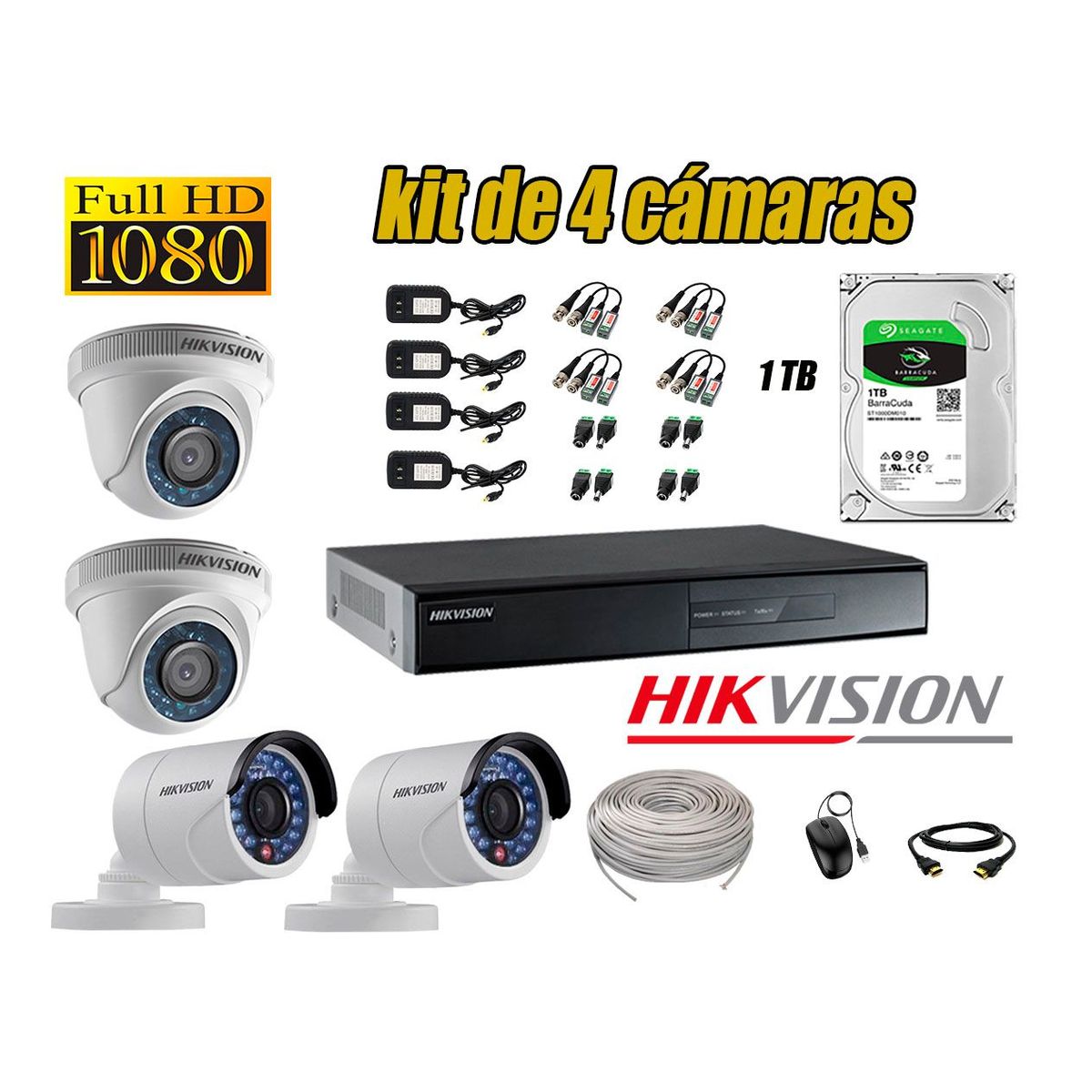 HIKVISION - Kit 4 Cámaras de Seguridad Full HD 1080p Disco 1TB Vigilancia + Kit de Herramientas Gratis