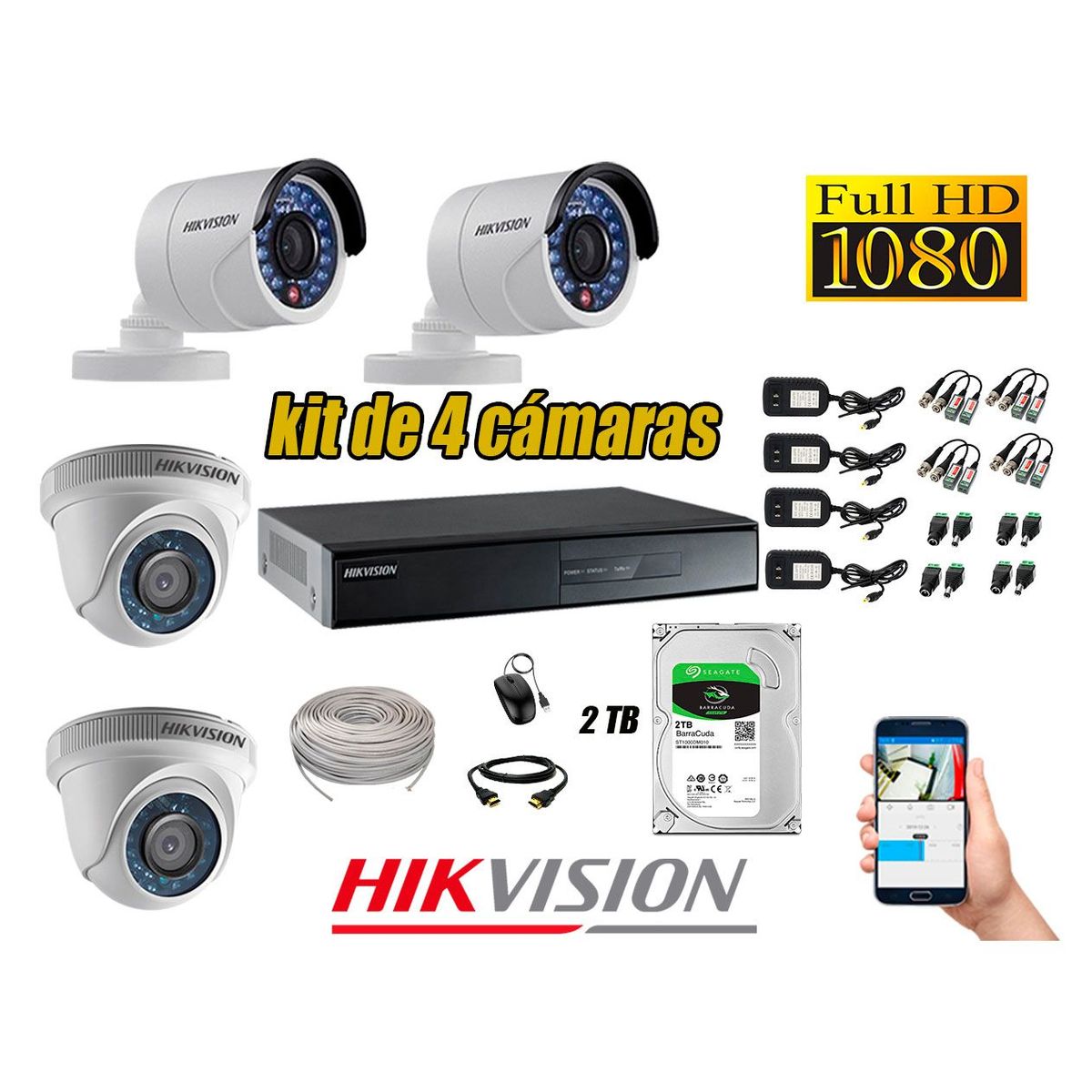 HIKVISION - Kit 4 Cámaras de Seguridad FullHD 1080p Disco 2TB Vigilancia + Kit Herramientas