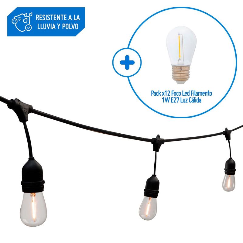  - Combo Guirnalda Led 10L 10metro  Pack x12 Foco Led1W E27 Luz Cálida