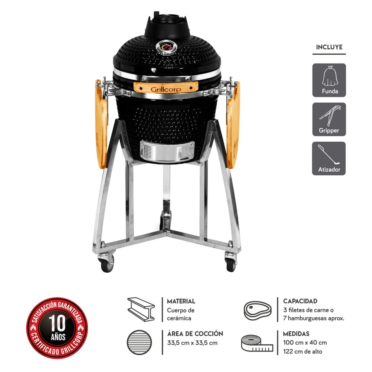 GRILLCORP - Kamado Grillcorp Chico 100x122x55cm Negro + 2 Bandejas Laterales + Accesorios