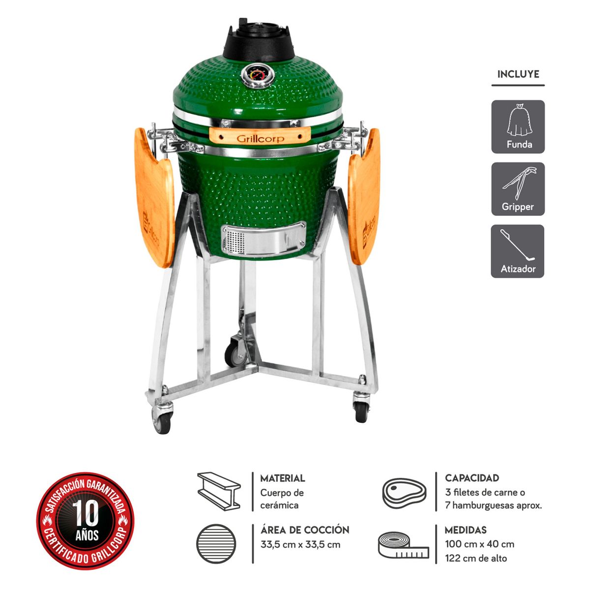 GRILLCORP - Kamado Grillcorp Chico 100x122x55cm Verde + 2 Bandejas Laterales + Accesorios