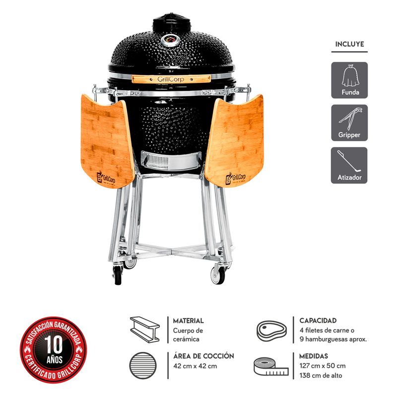 GRILLCORP - Kamado Grillcorp Mediano 127x138x69cm Negro + 2 Bandejas Laterales + Accesorios