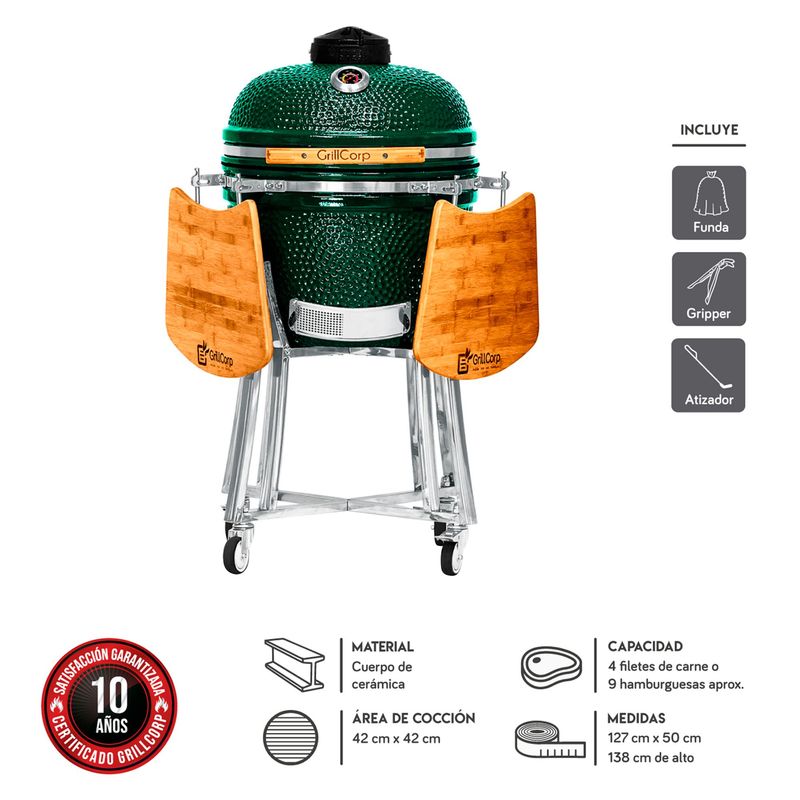 GRILLCORP - Kamado Grillcorp Mediano 127x138x69cm Verde + 2 Bandejas Laterales + Accesorios