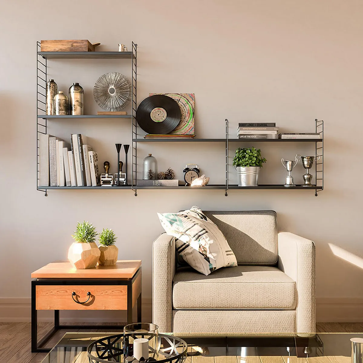 DUCASSE - Repisa Flotante de Madera Metal 2 Niveles 60x50x20cm Negro