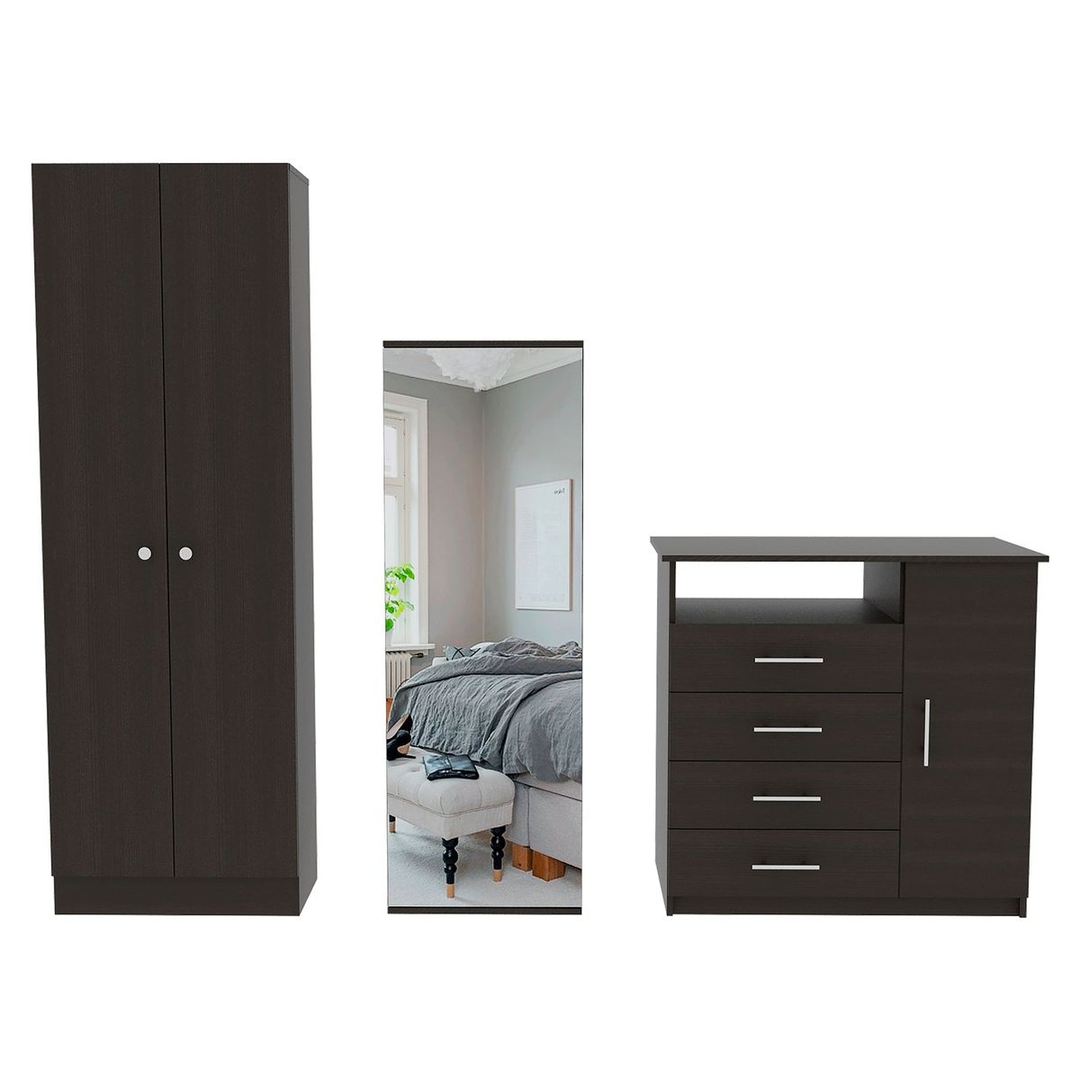 TUHOME - Combo Ropero 2 Puertas + Cómoda 4 Cajones + Zapatera Dreams Wengue