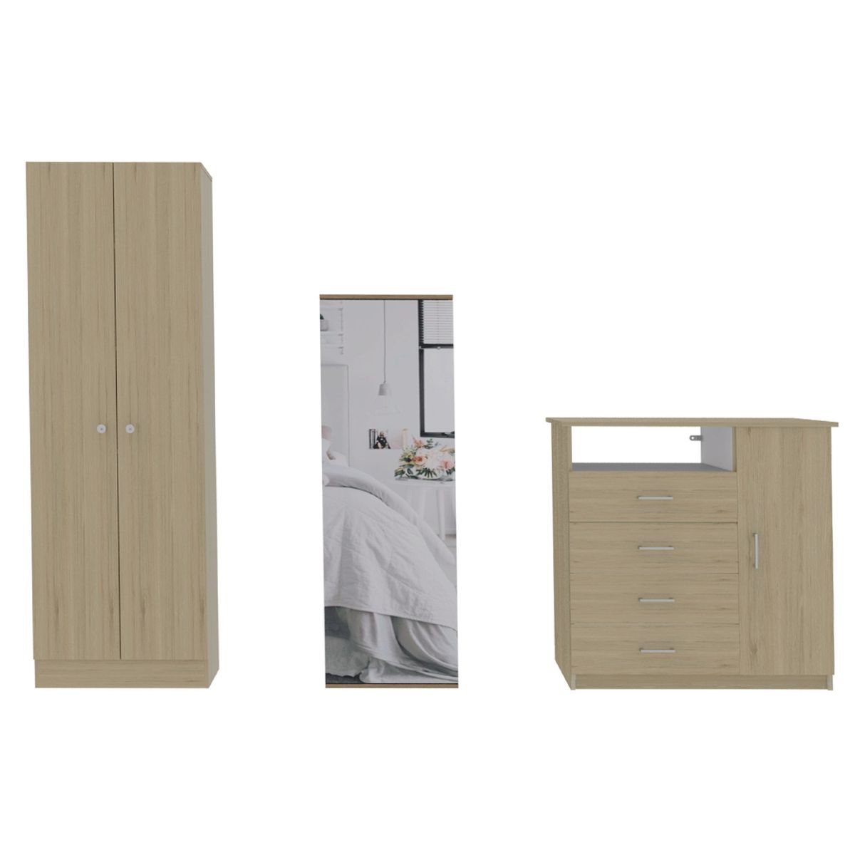 TUHOME - Combo Ropero 2 Puertas + Zapatera con Espejo + Cómoda 4 Cajones Dreams