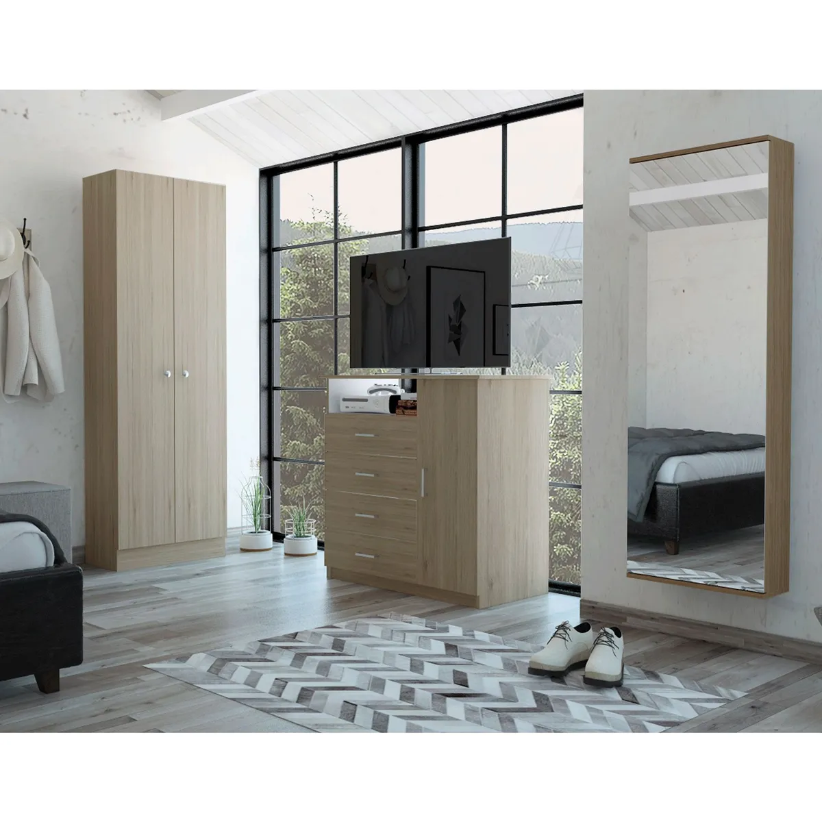 TUHOME - Combo Ropero 2 Puertas + Zapatera con Espejo + Cómoda 4 Cajones Dreams