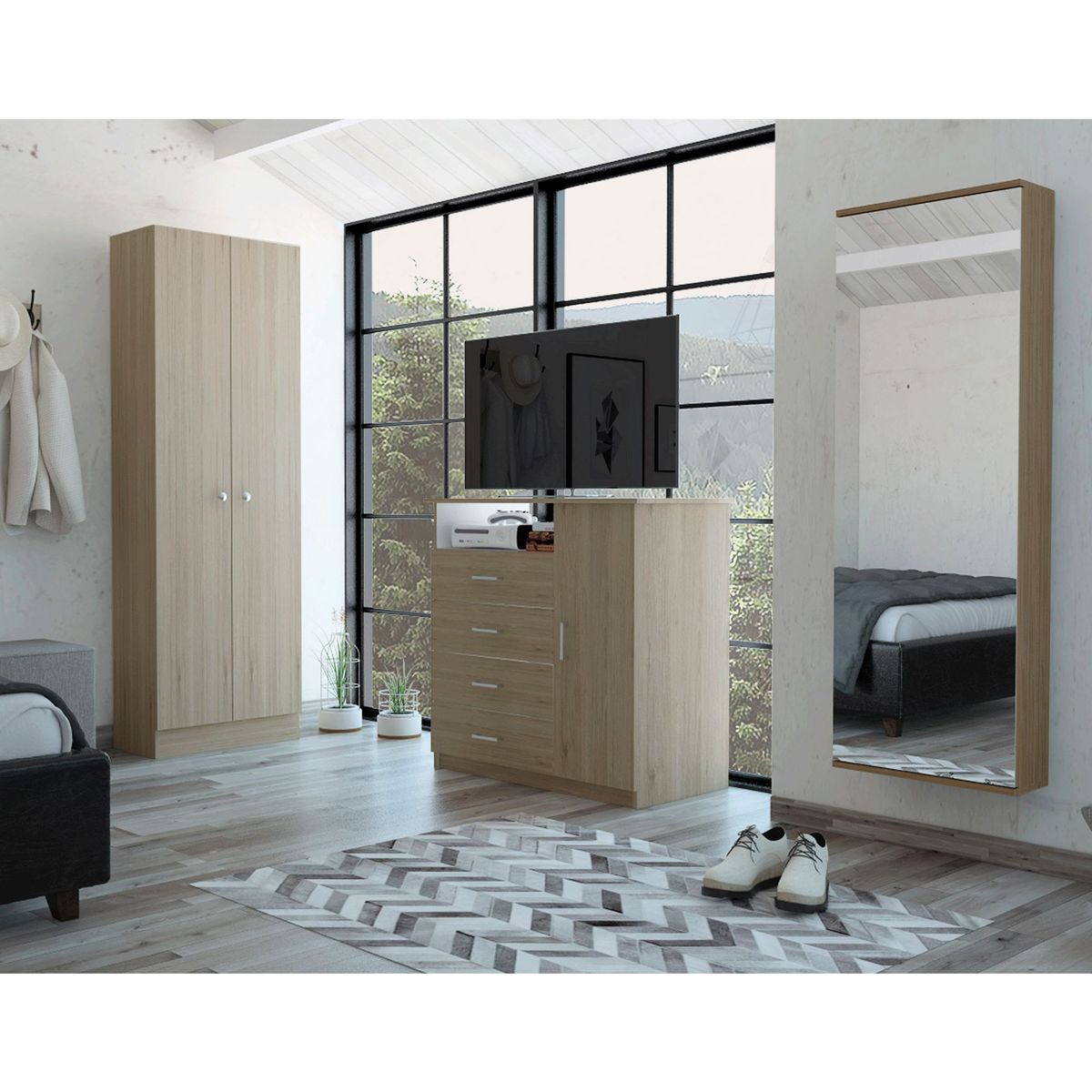 TUHOME - Combo Ropero 2 Puertas + Zapatera con Espejo + Cómoda 4 Cajones Dreams