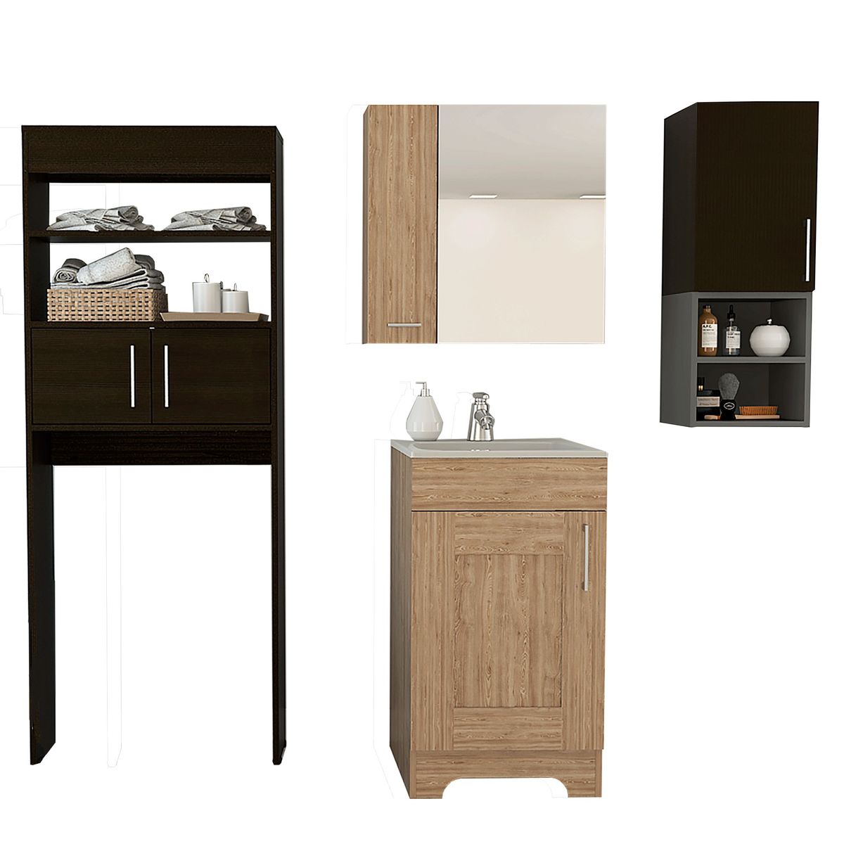 Combo Mueble de Baño Vanitorio + Botiquin Barcelona Miel + Organizador Auxiliar + Organizador sobre Inodoro Madrid Wengue, marca TUHOME - Foto 2