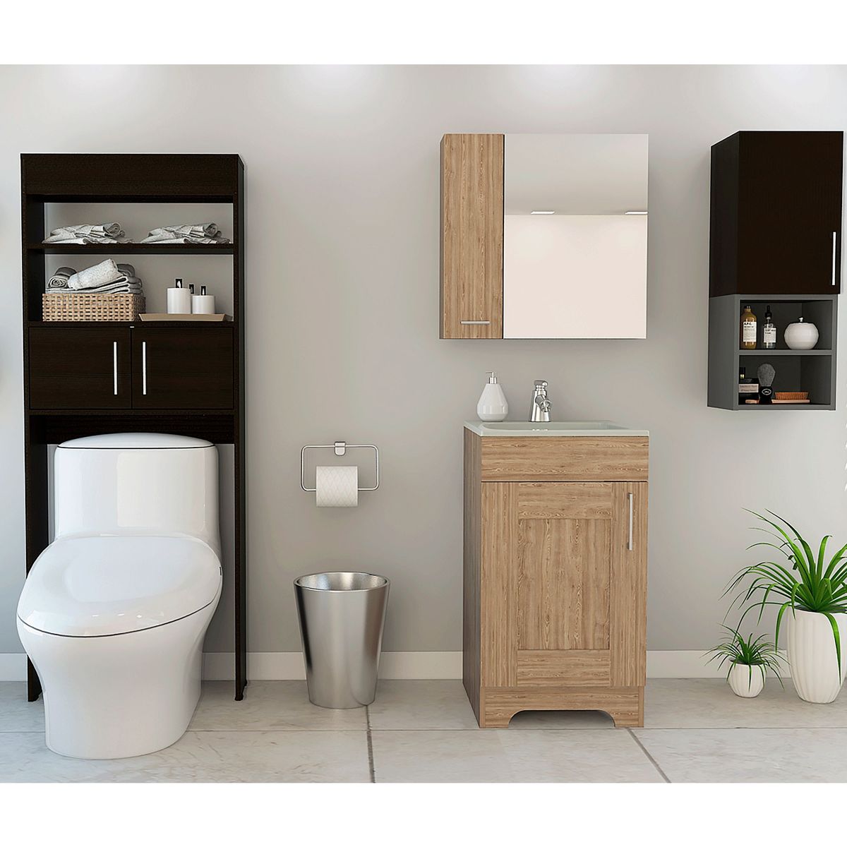 Combo Mueble de Baño Vanitorio + Botiquin Barcelona Miel + Organizador Auxiliar + Organizador sobre Inodoro Madrid Wengue, marca TUHOME - Foto Principal