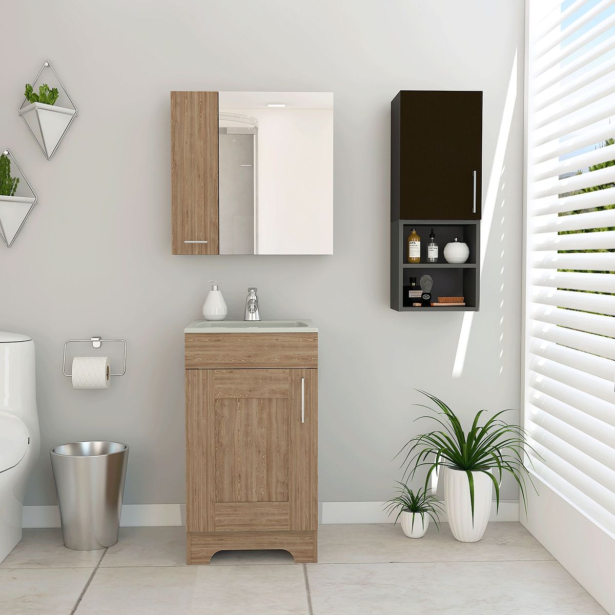 TUHOME - Combo Mueble de Baño Vanitorio + Botiquin Barcelona Miel + Organizador Auxiliar Madrid Wengue