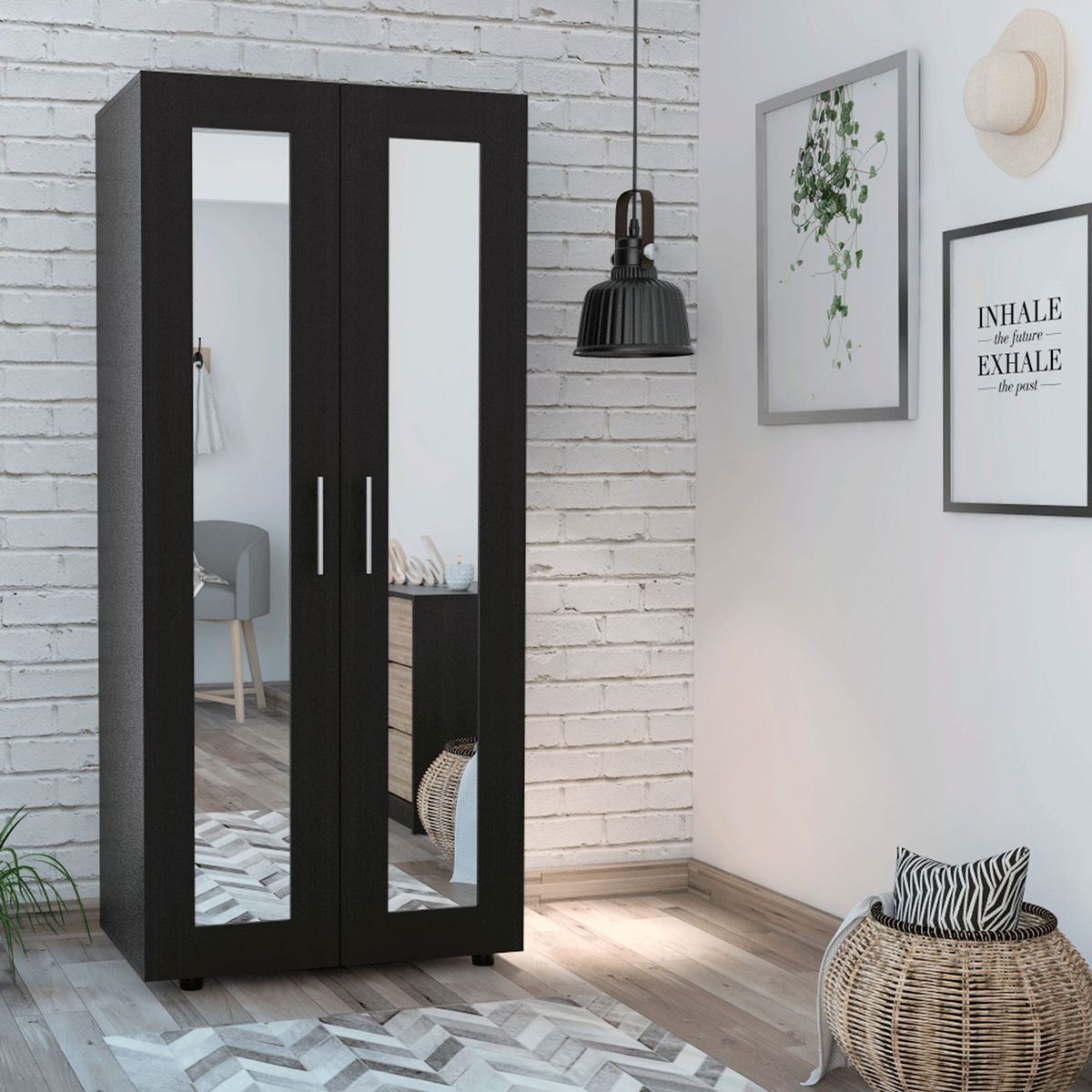 TUHOME - Ropero 2 Puertas con Espejo Negro