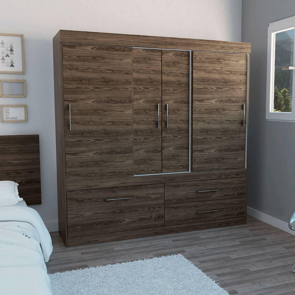 TUHOME - Ropero 4 Puertas 2 Cajones con Zapatera Allegro Coñac