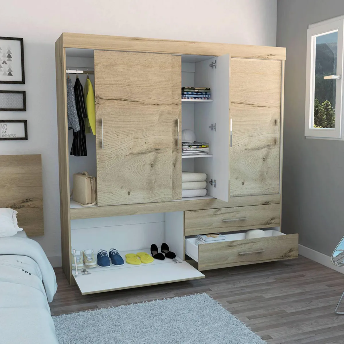 TUHOME - Ropero 4 Puertas 2 Cajones con Zapatera Allegro