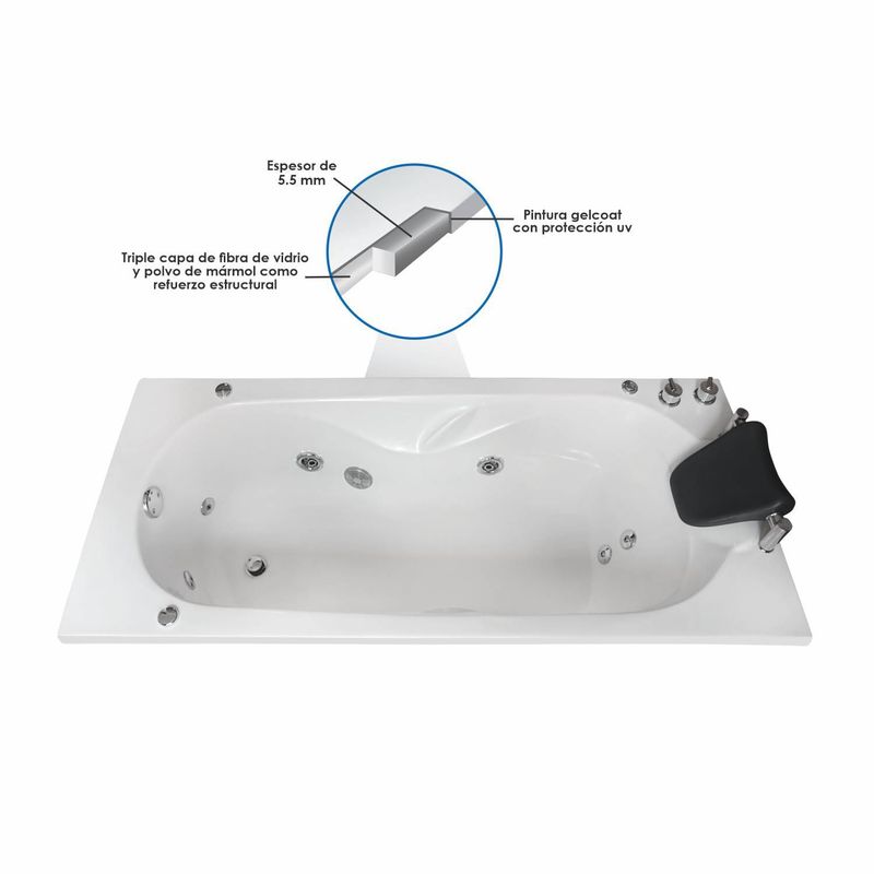 CUBA&SPA - Tina Hidromasaje Rectangular Burney Ejecutiva 168x75cm Blanca