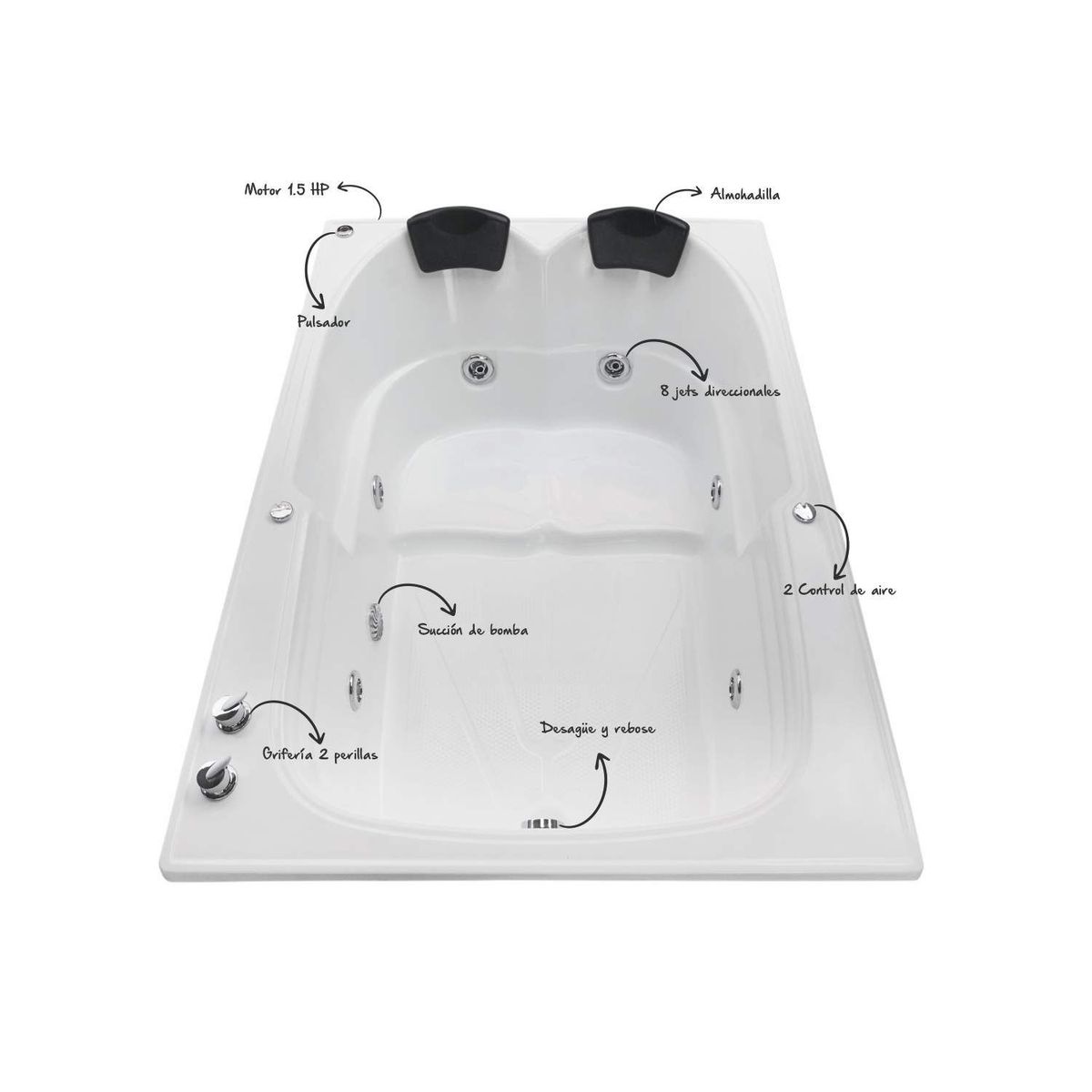 CUBA&SPA - Tina Hidromasaje Rectangular Karmine Ejecutiva 180x120cm Blanca.