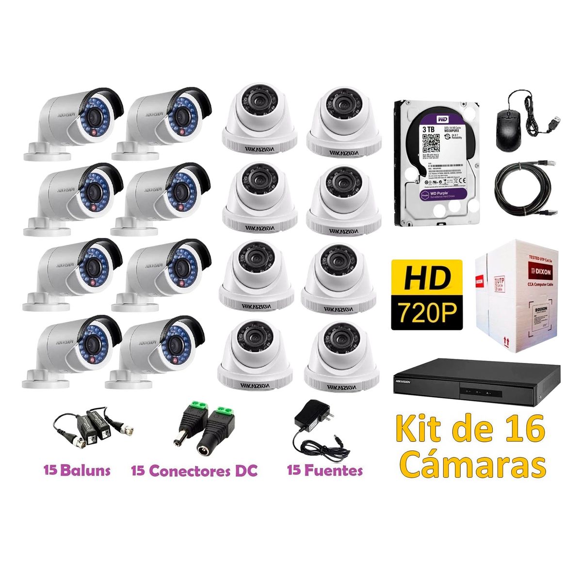 HIKVISION - Kit 16 Cámaras de Seguridad HD 720P Disco 3TB WD Completo