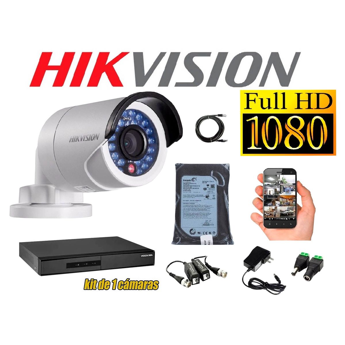 HIKVISION - Kit 1 Cámara de Seguridad Tubo FULLHD 1080P Disco 500GB
