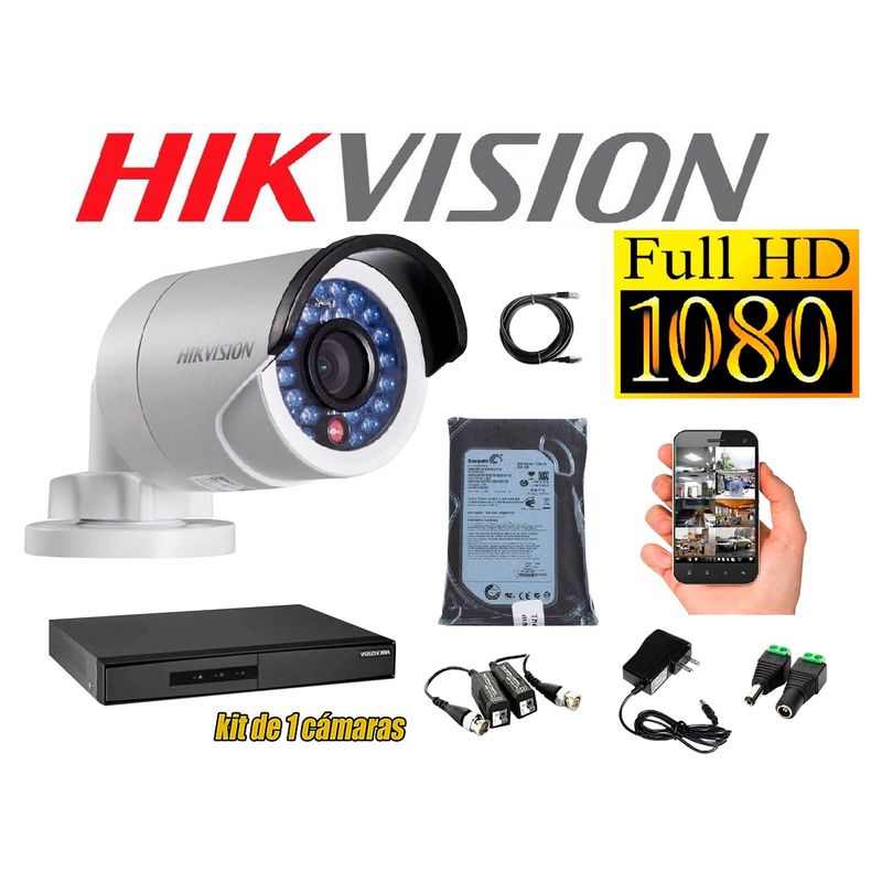 HIKVISION - Kit 1 Cámara de Seguridad Tubo FULLHD 1080P Disco 500GB