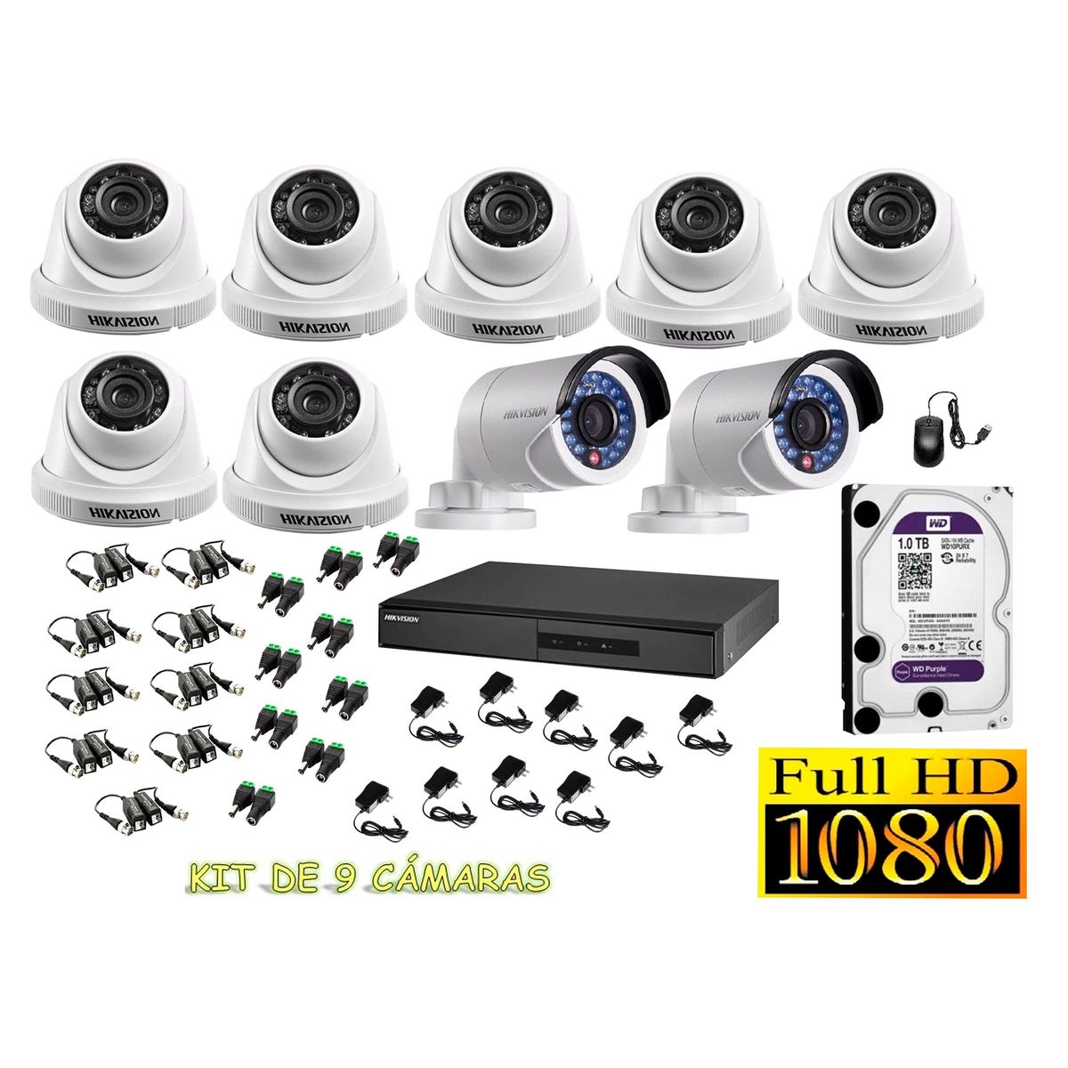 HIKVISION - Kit 9 Cámaras de Seguridad FULLHD 1080P Disco 1TB WD