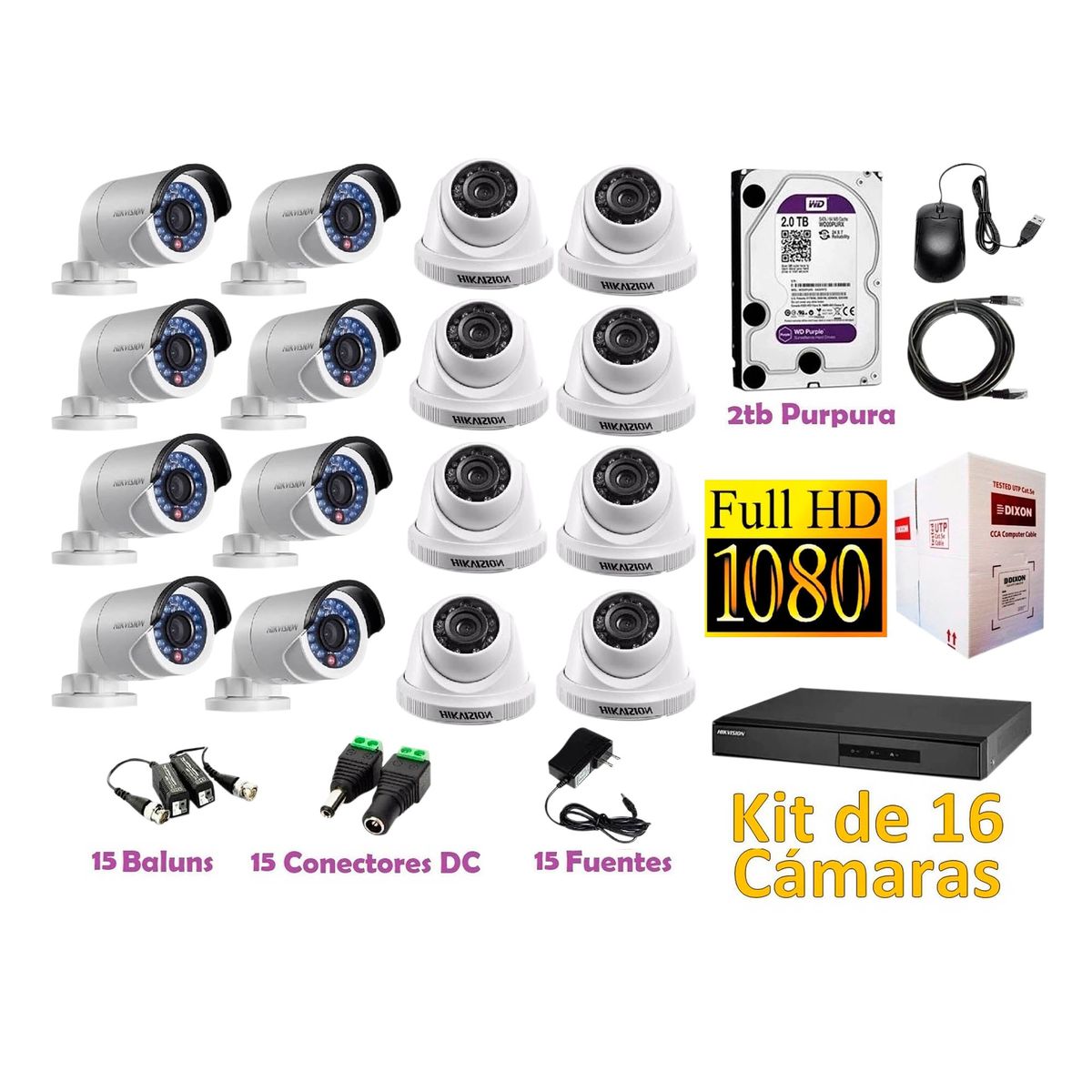 HIKVISION - Kit 16 Cámaras de Seguridad FULLHD 1080P Disco 2TB WD Completo