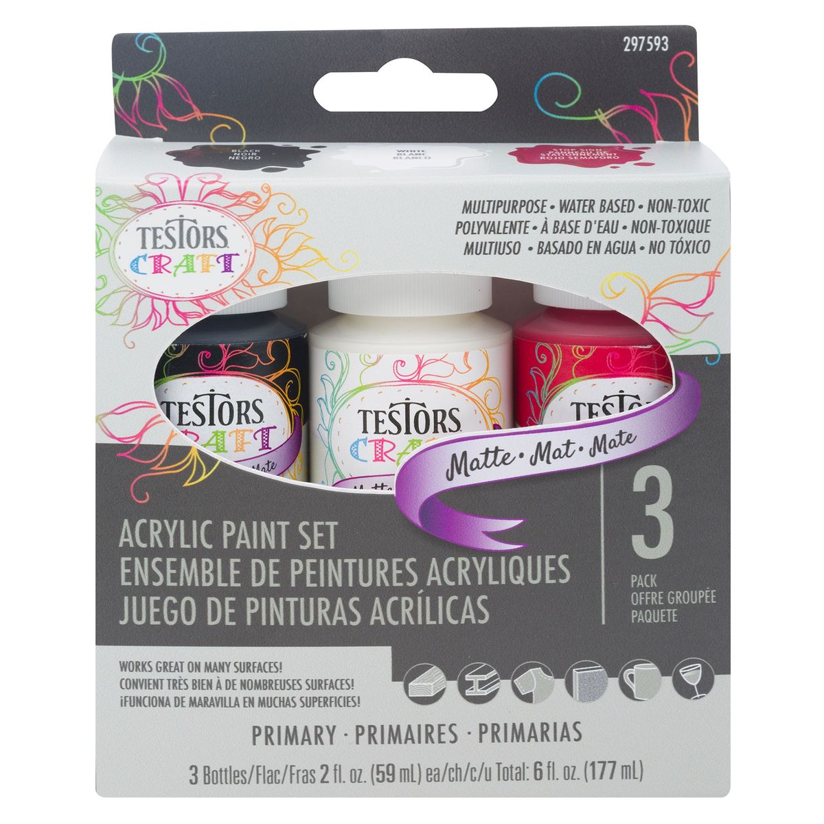 Set de 3 Pinturas Acrílicas Colores Primarios Mate, marca TESTORS - Foto Principal