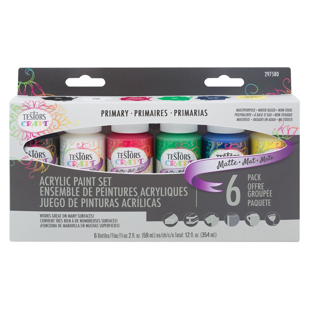 TESTORS - Set de 6 Pinturas Acrílicas Testors Colores Primarios Mate