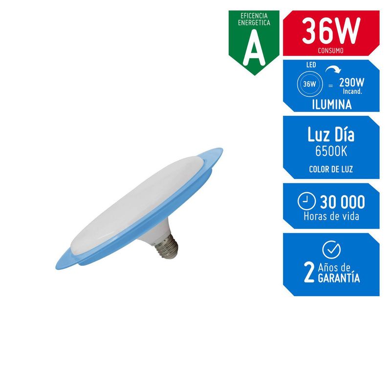 GZ LIGHTING - Lampara LED UFO 36W Aro Azul Luz Día