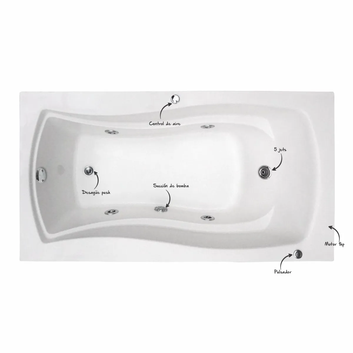 CUBA&SPA - Tina Hidromasaje Rectangular Akira Builder 166x90cm Blanca.