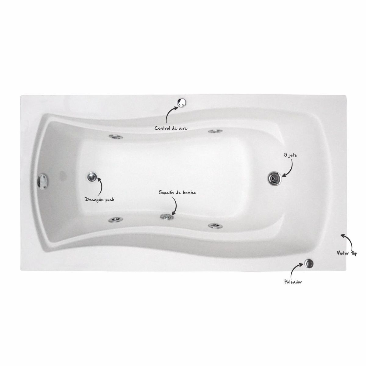 CUBA&SPA - Tina Hidromasaje Rectangular Akira Builder 166x90cm Blanca.