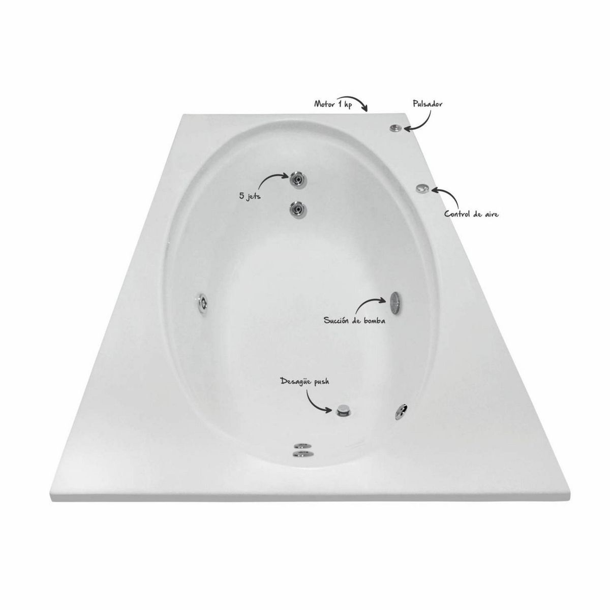 Tina Hidromasaje Rectangular Bora Bora Builder 175x100cm Blanca, marca CUBA&SPA - Foto Principal