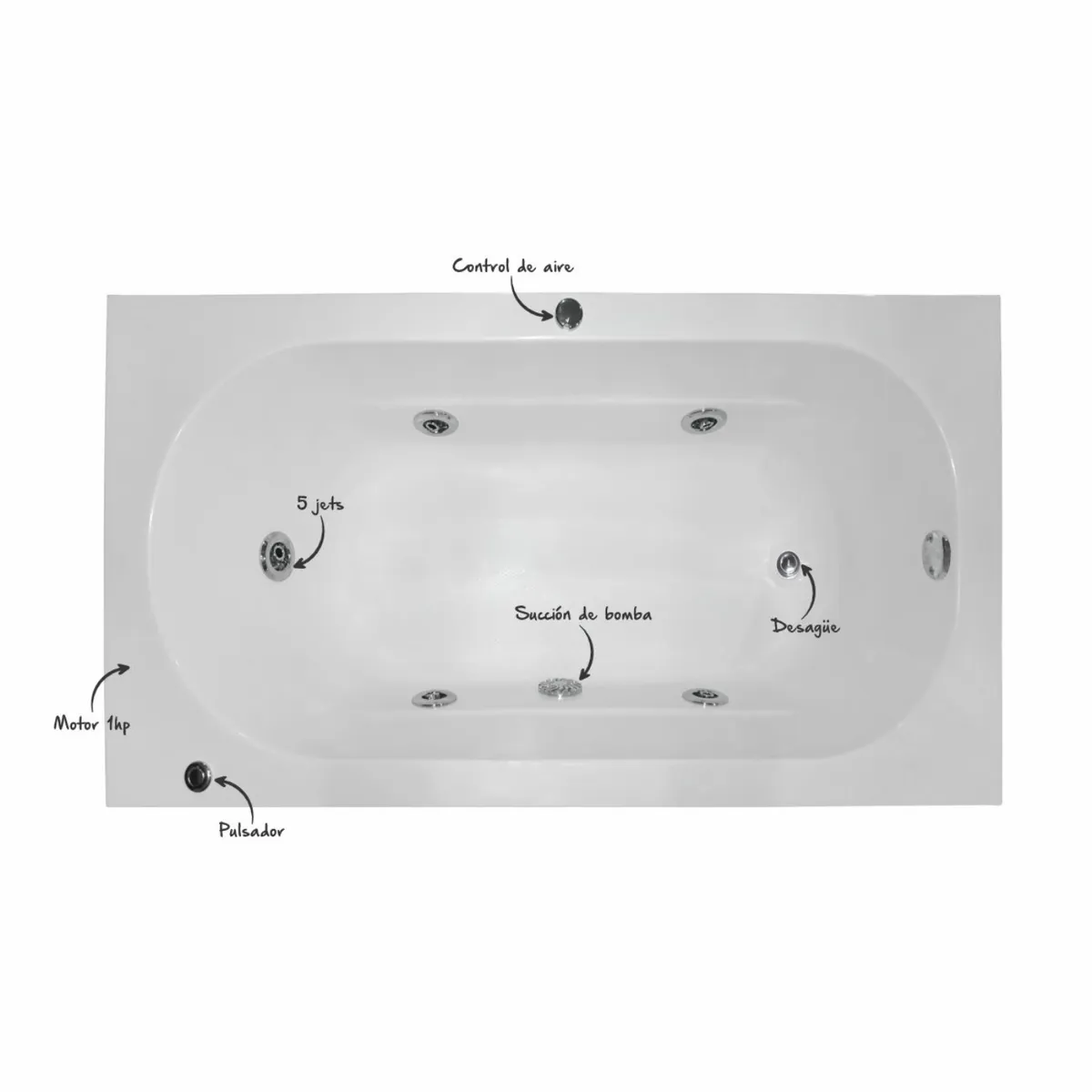 CUBA&SPA - Tina Hidromasaje Rectangular Galaxy I Builder 140x75cm Blanca
