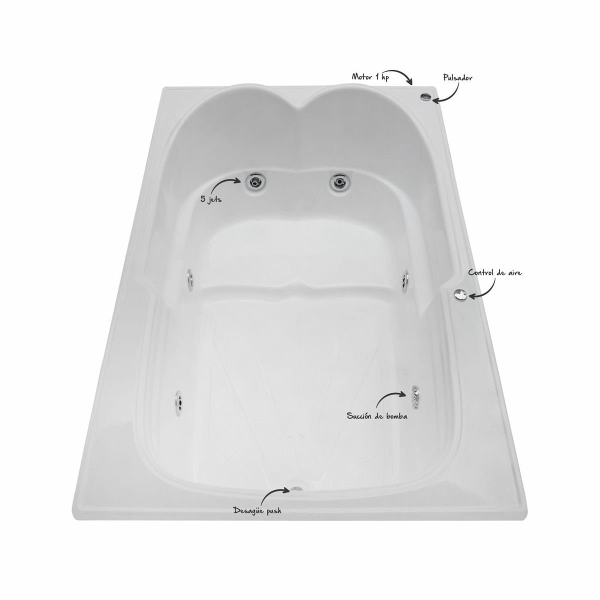CUBA&SPA - Tina Hidromasaje Rectangular Karmine I Builder 180x120cm Blanca.