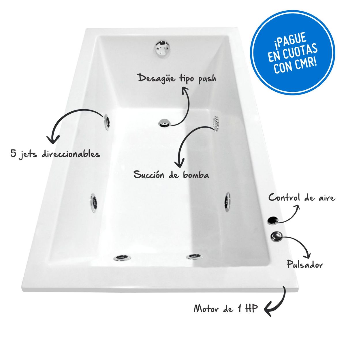 CUBA&SPA - Tina Hidromasaje Rectangular Minimalista Builder 140x80cm Blanca.